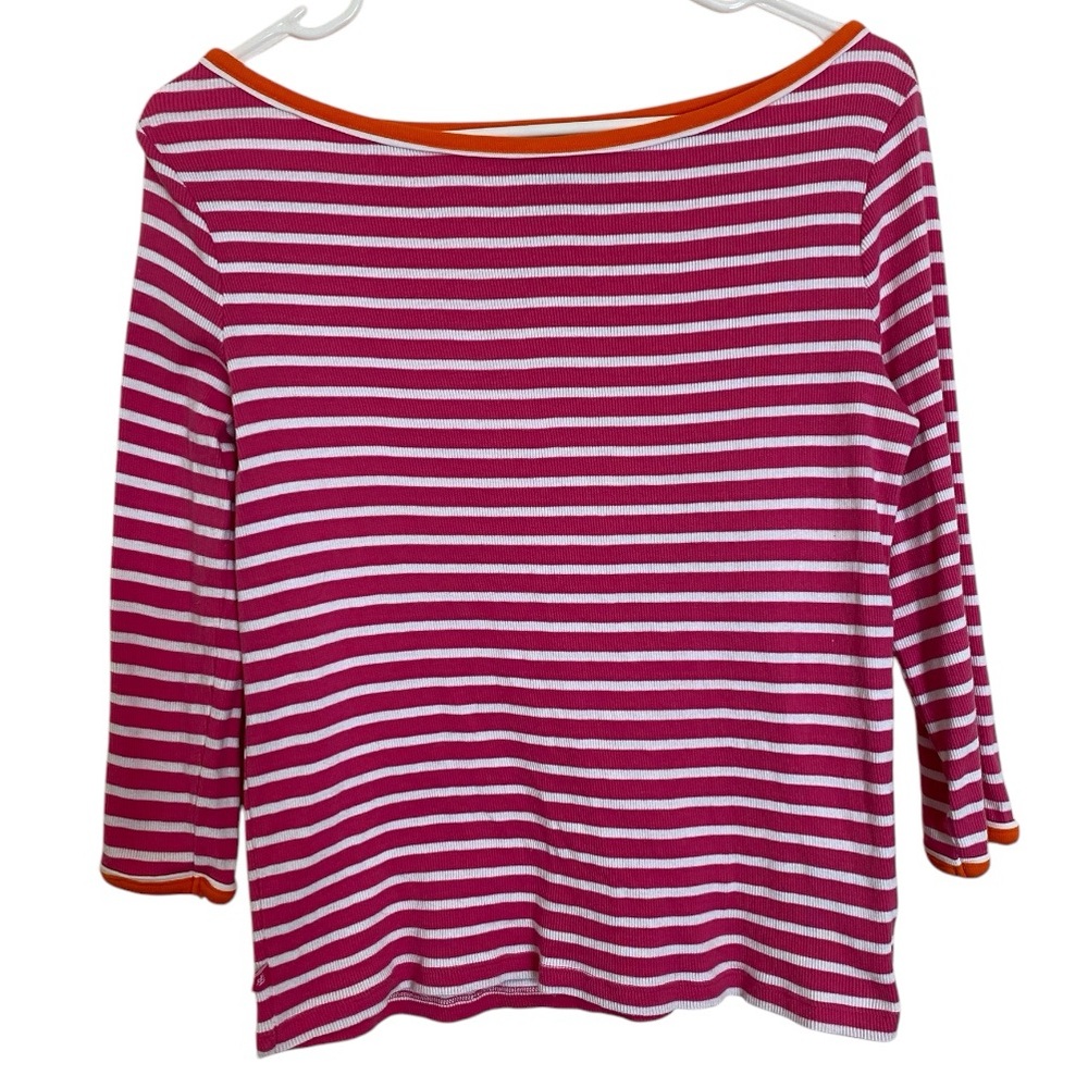 RALPH LAUREN Pink White Stripe Cotton Tee Shirt with Orange Trim, Size M